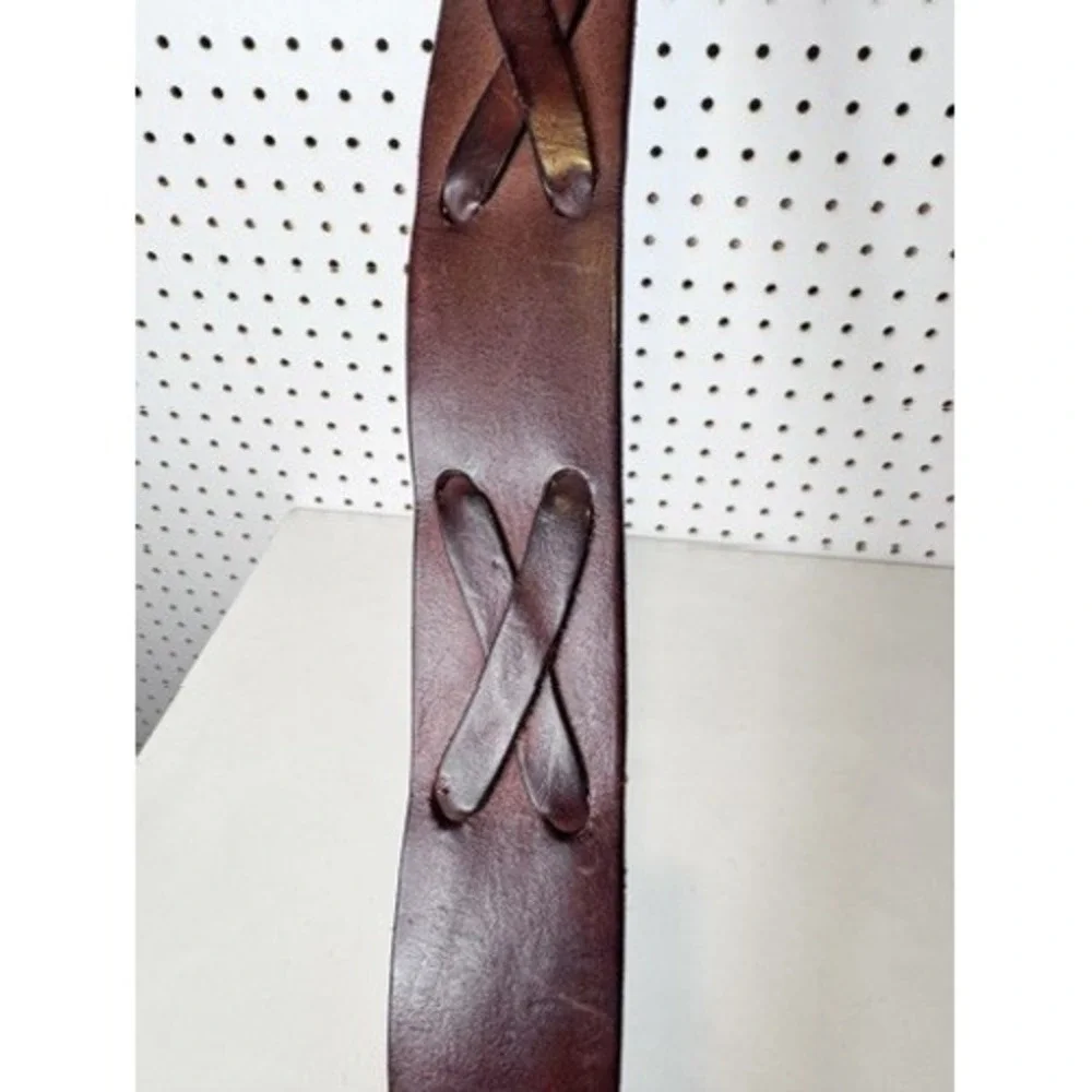 Vintage | Handmade Laced Leather Belt w/ Oversized Bronze Buckle, Pirate Rustic
